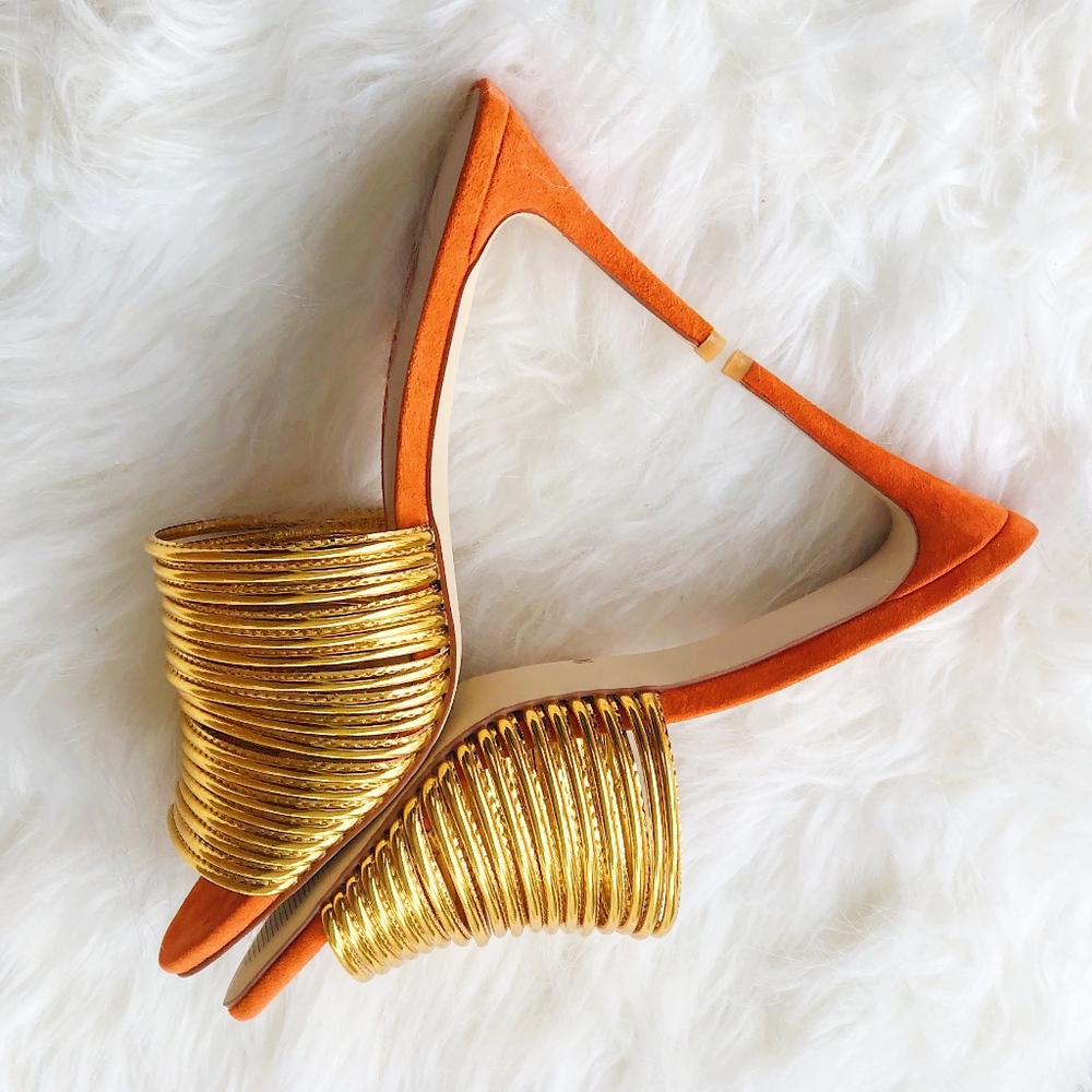 GOLD STRAPPED MULES WITH ORANGE CONTRAST
